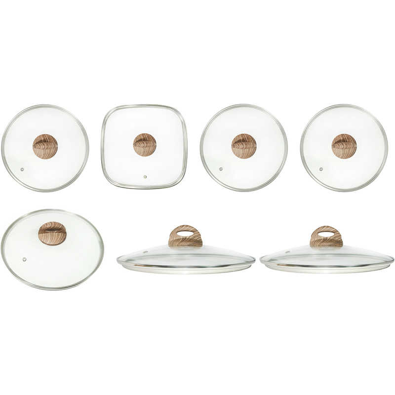 Изображение товара Набор стеклянных крышек для посуды Panairo Wood с металлическим ободком семь размеров