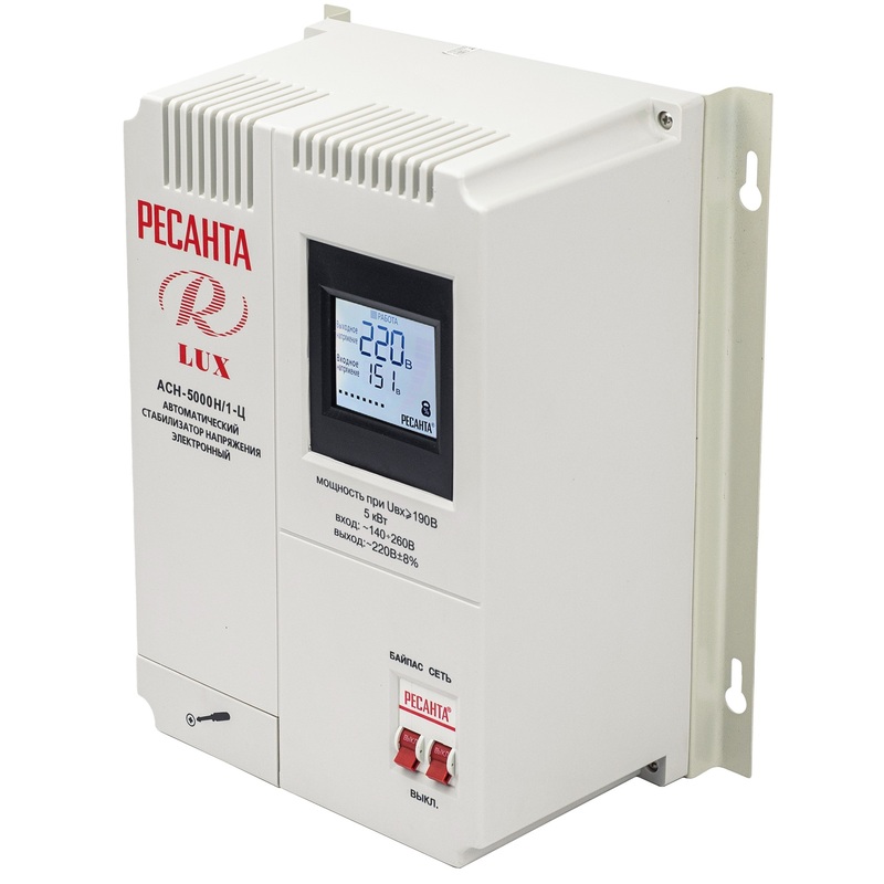 Изображение товара Стабилизатор напряжения Ресанта АСН-5000Н 1-Ц мощностью 5 кВт с функцией байпас