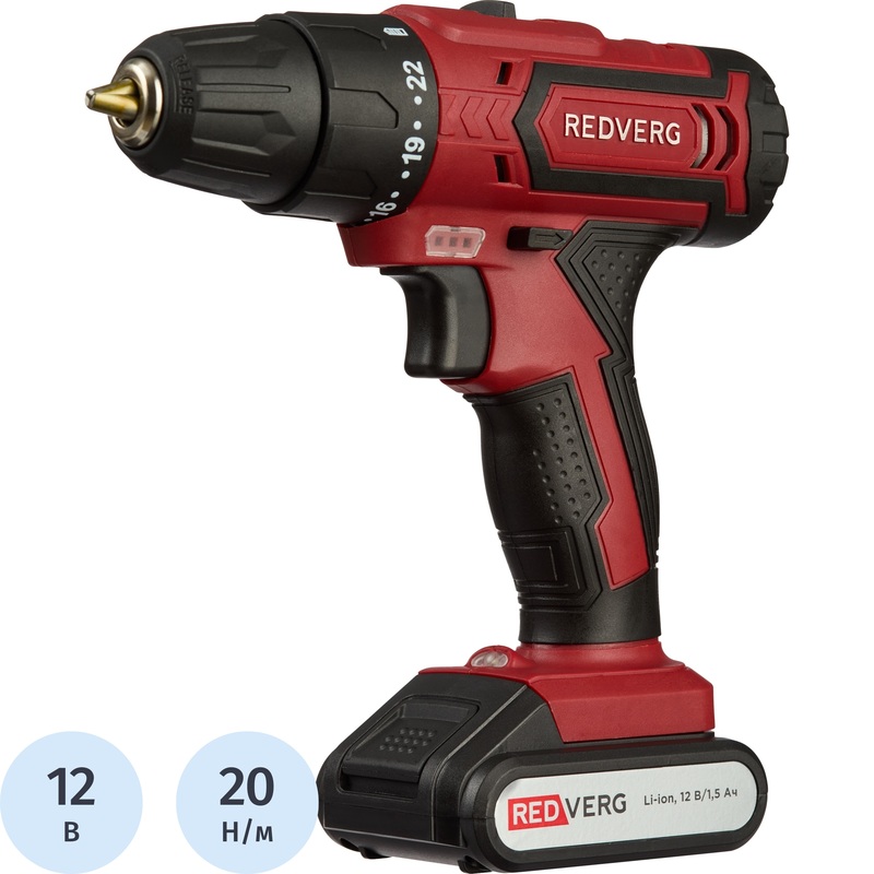 Изображение товара Уценка. Дрель-шуруповёрт аккумуляторная Redverg RD-SD12L/2Y 2 АКБ х Li-ion (12В, 1.5 Ач)+ЗУ в кейсе. уц_тех