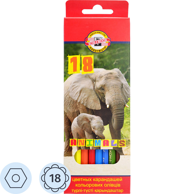 Изображение товара Карандаши цветные Koh-i-Noor Животные 18 карандашей 18 цветов шестигранные