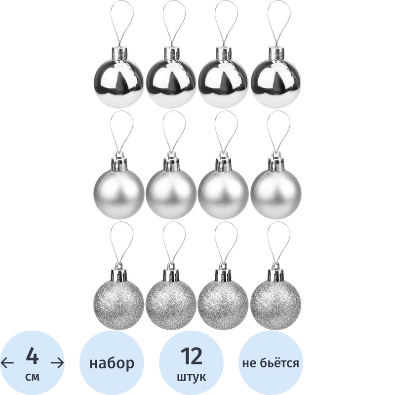 Изображение товара Набор ёлочных шаров Miland Чудеса, пластик, серебристые, 12 штук, диаметр 4 см