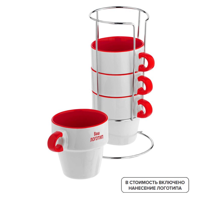 Изображение товара Набор кружек Inset 220 мл белый/красный с индивидуальной одноцветной печатью (32 штуки в упаковке)