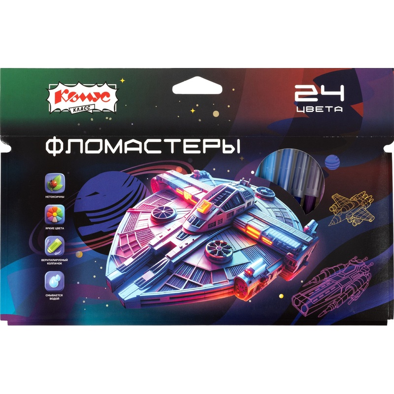 Изображение товара Фломастеры Комус Класс Star way 24 цвета с вентилируемыми колпачками смываемые