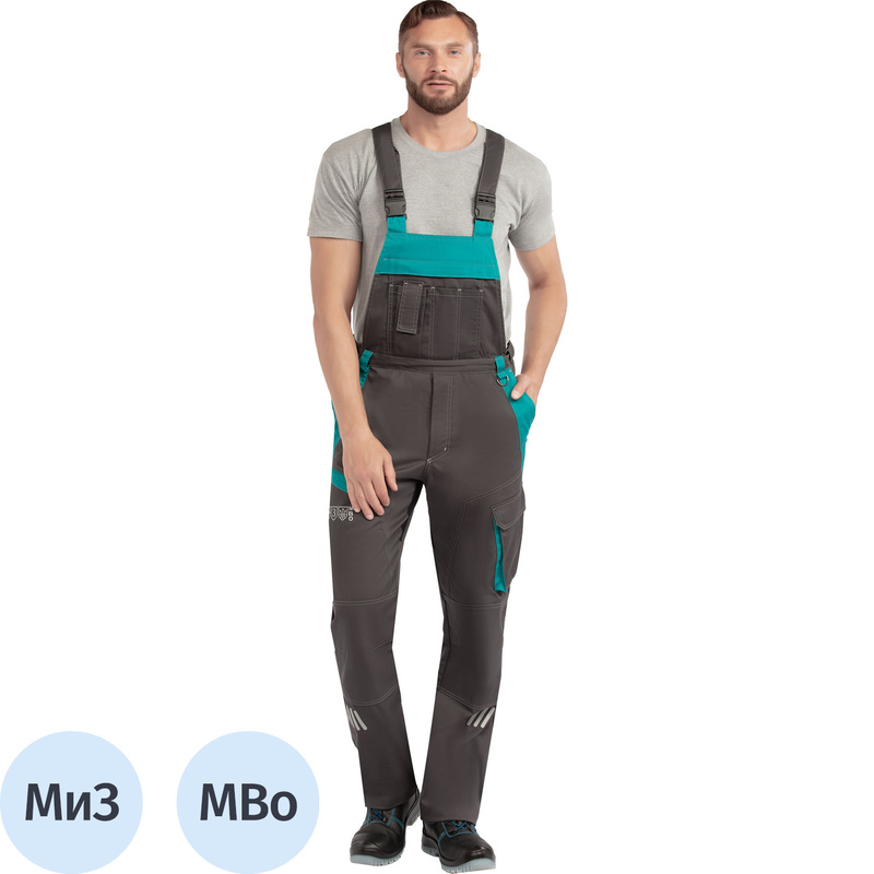 Изображение товара Полукомбинезон рабочий летний мужской Алистер (л36) со светоотражающим кантом серый/бирюзовый (размер 104-108 (52-54), рост 158-164)