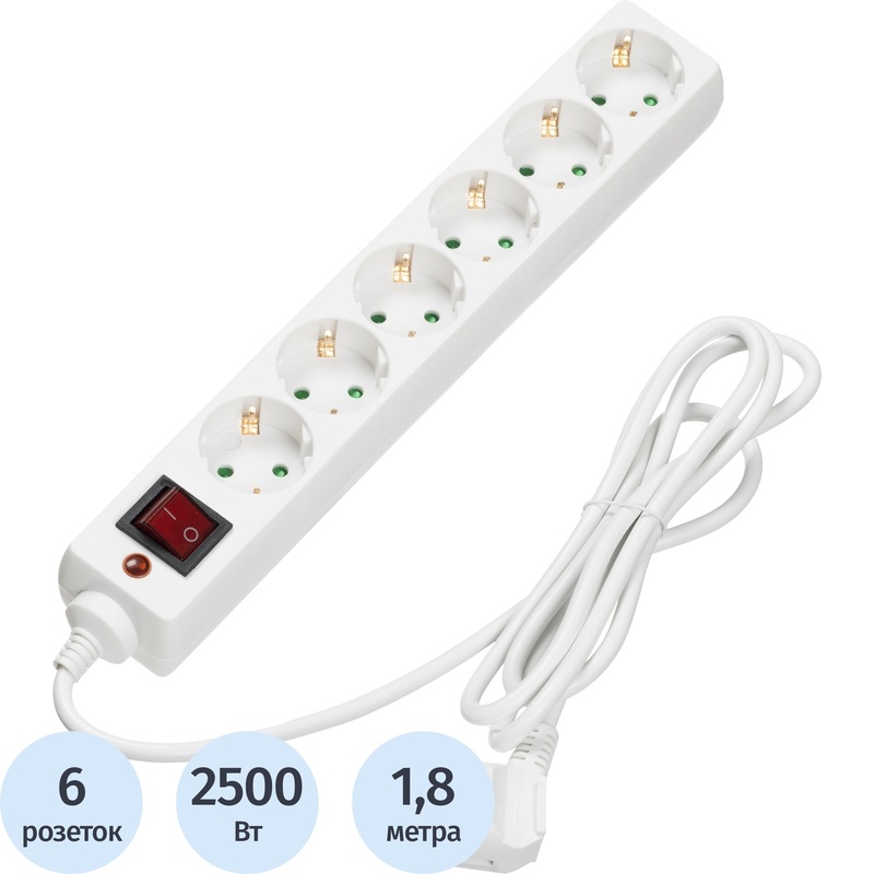 Изображение товара Сетевой фильтр BigTech CD6-1.8W1 6 розеток 1.8 м защита от перегрузки