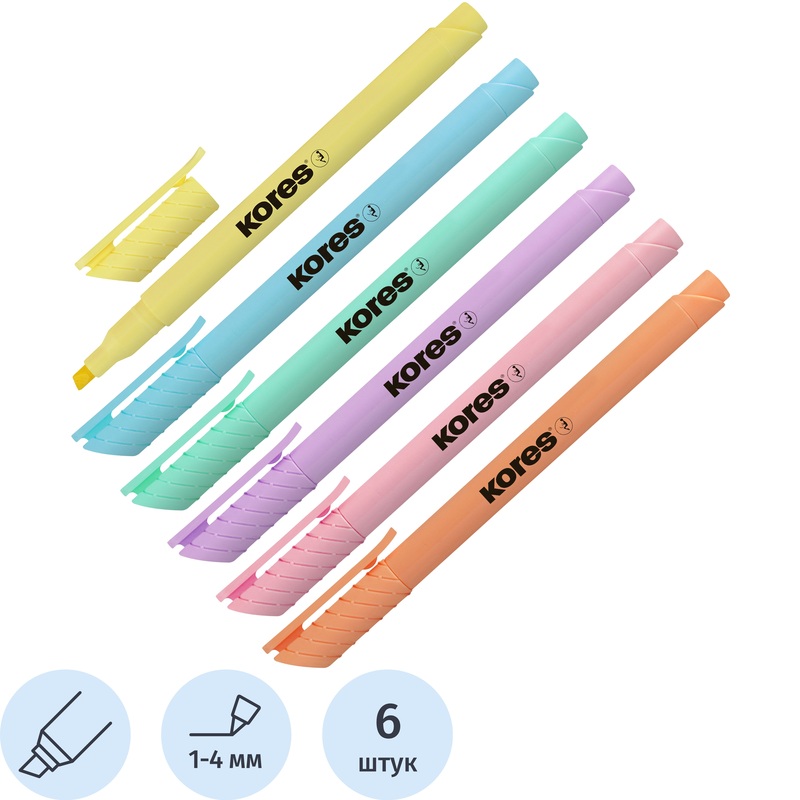 Изображение товара Набор текстовыделителей Kores High Liner Pastel 6 цветов, соскошенный наконечник