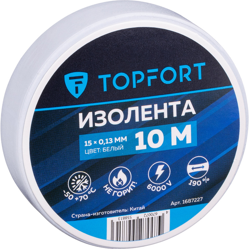 Изображение товара Изолента TOPFORT ПВХ 15 мм x 10 м белая огнестойкая