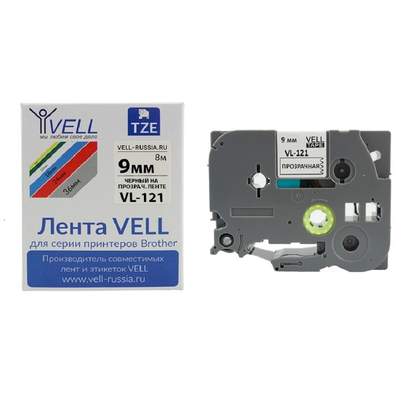 Изображение товара Картридж Vell VL-121 для этикеткопечатающих принтеров Brother 8м прозрачный черный шрифт