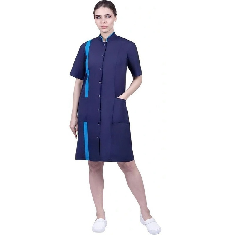 Изображение товара Халат для горничных и уборщиц с коротким рукавом Диана синий/голубой (размер 96-100, рост 158-164)