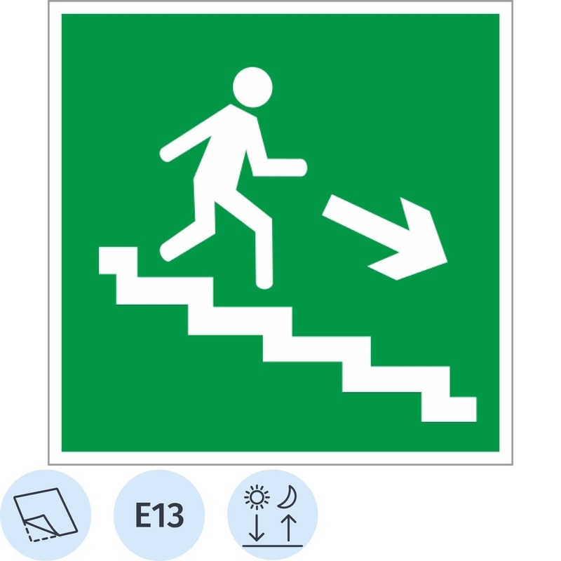 Изображение товара Знак безопасности Направление к эвакуационному выходу по лестнице вниз E13 200х200 мм фотолюминесце