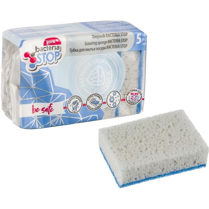 Изображение товара Губка для посуды York Бактерия Стоп поролон с абразивным слоем 10x7 см 5 штук