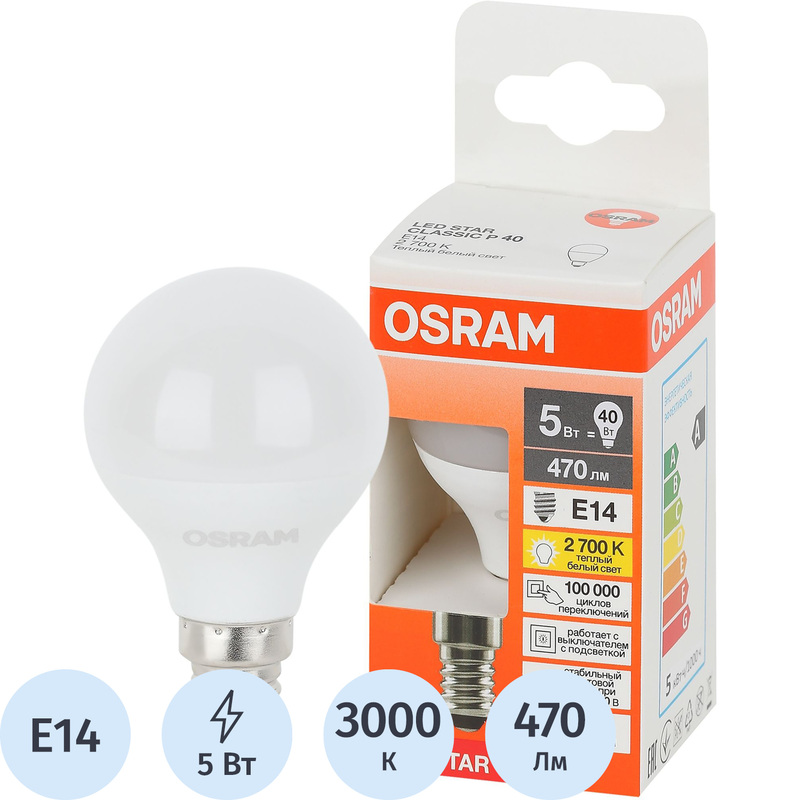 Изображение товара Лампа светодиодная Osram 5 Вт E14 P 3000 К 470 Лм матовая