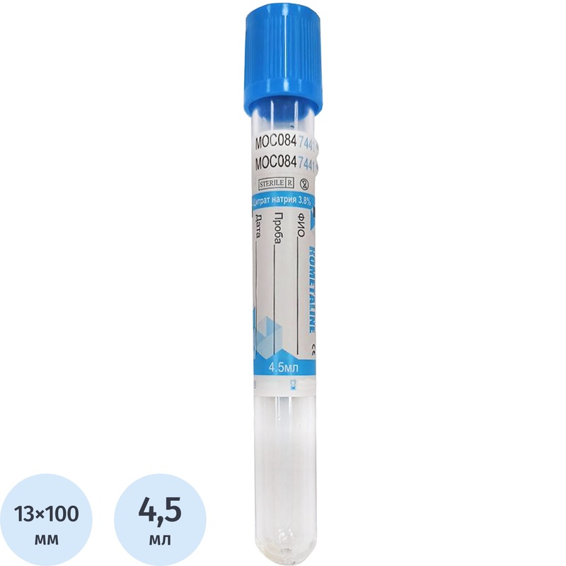 Изображение товара Вакуумные пробирки Kometaline с цитратом Na 3.8% 4.5 мл пластик (100 штук в упаковке)
