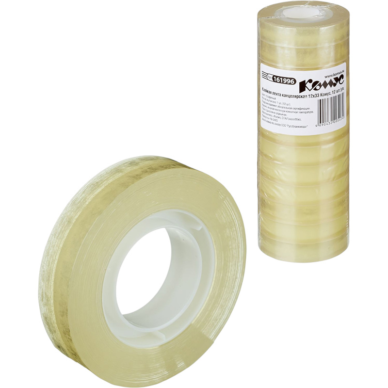 Изображение товара Клейкая лента канцелярская Комус прозрачная 12 мм x 33 м (12 штук в упаковке)