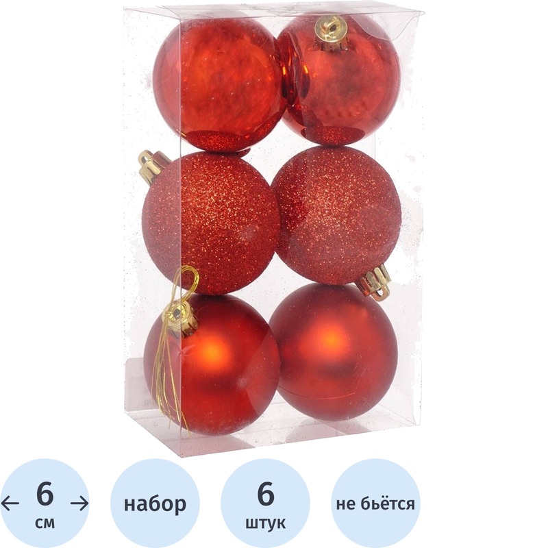 Изображение товара Набор шаров ёлочных Алое пластик красные (диаметр 6 см, 6 штук в упаковке)