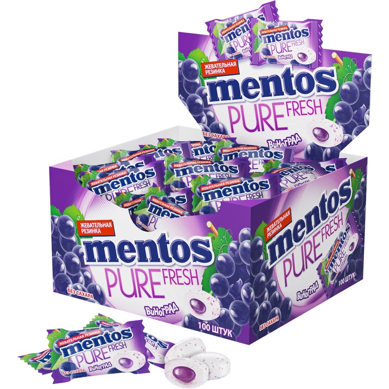 Изображение товара Жевательная резинка Mentos Pure Fresh Виноград (100 штук по 2 г)