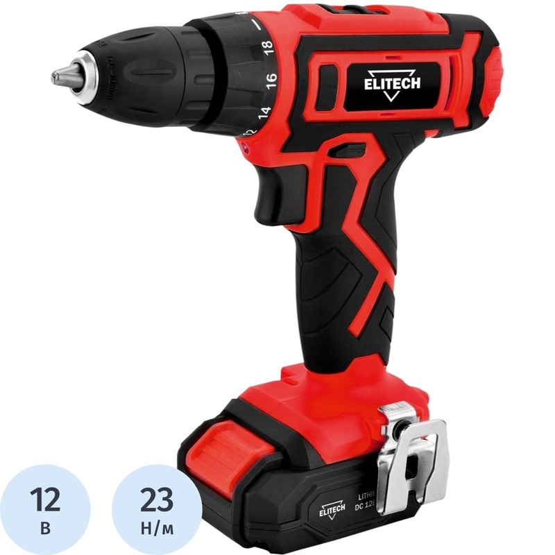 Изображение товара Дрель-шуруповёрт аккумуляторная Elitech ДМ ДА 122СЛ 2 АКБ х Li-ion (12 В, 1.7 Ач)+ЗУ в кейсе (E2201.015.01, 202413)