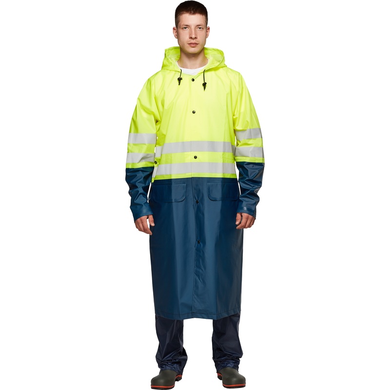 Изображение товара Плащ сигнальный влагозащитный полиэфирный на кнопках лимонный/тёмно-синий с СОП (размер 60-62, рост 170-176)