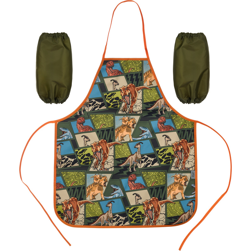 Изображение товара Фартук для труда Комус Класс Дино Комикс зеленый с нарукавниками