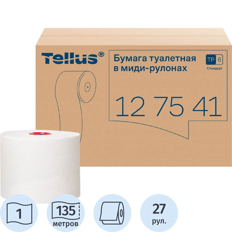 Изображение товара Бумага туалетная рулонная Tellus Mid-size Universal T6 1-слойная белая 27 рулонов