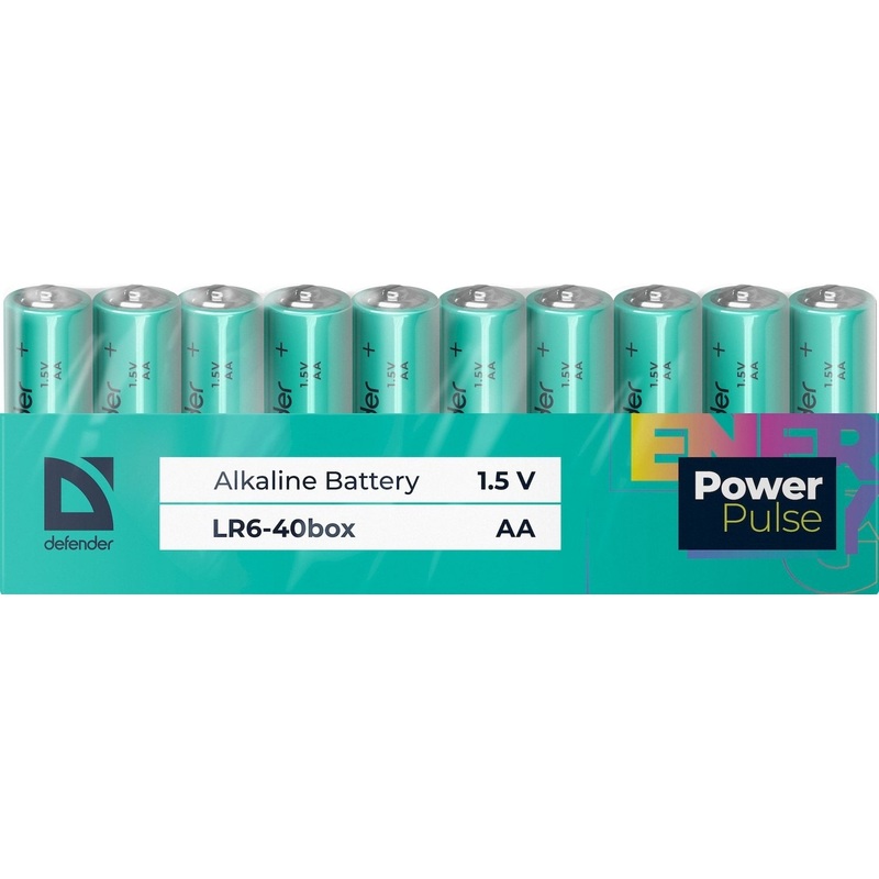 Изображение товара Батарейка AA пальчиковая Defender PowerPulse (40 штук в упаковке) Изображение товара Батарейка AA пальчиковая Defender PowerPulse (40 штук в упаковке)