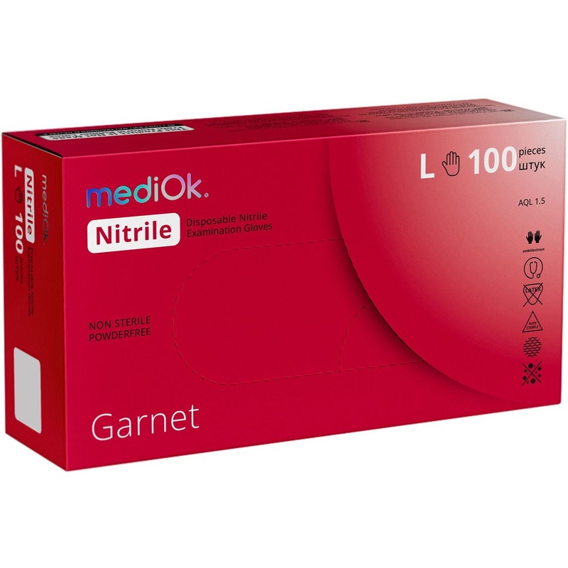 Изображение товара Медицинские нитриловые смотровые перчатки MediOk нестерильные L 100 штук, красные