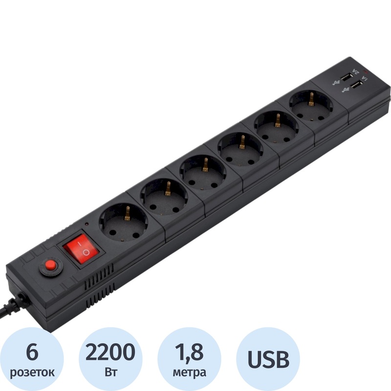 Изображение товара Сетевой фильтр Buro BU-SP1.8 6 розеток кабель 1,8 м защита USB