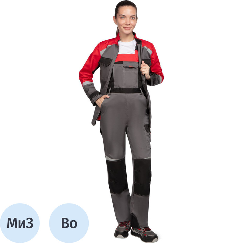 Изображение товара Полукомбинезон рабочий летний женский Грегаль (л23) с СОП серый/красный (размер 96-100 (48-50), рост 170-176)