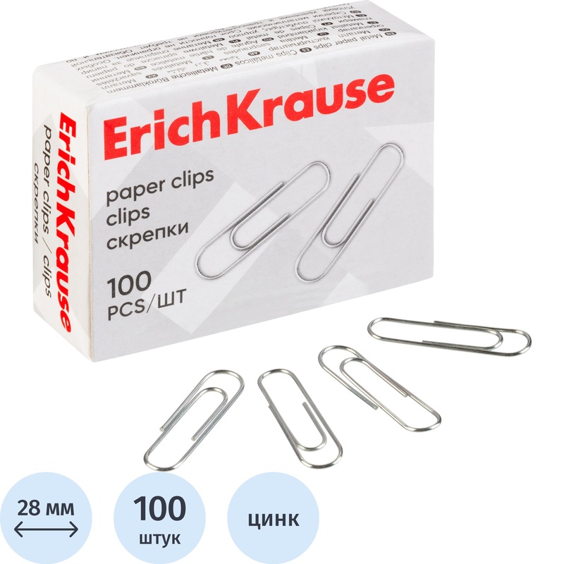 Изображение товара Скрепки канцелярские 28 мм Erich Krause оцинкованные, 100 штук