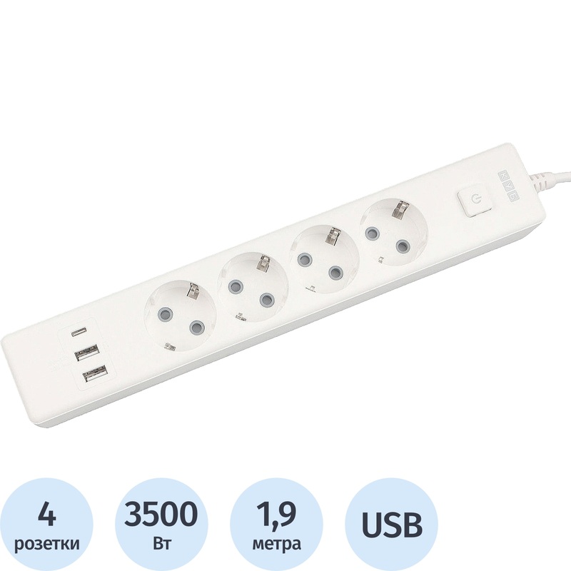 Изображение товара Удлинитель Power Cube 4 розетки USB 1.9 м заземление выключатель белый