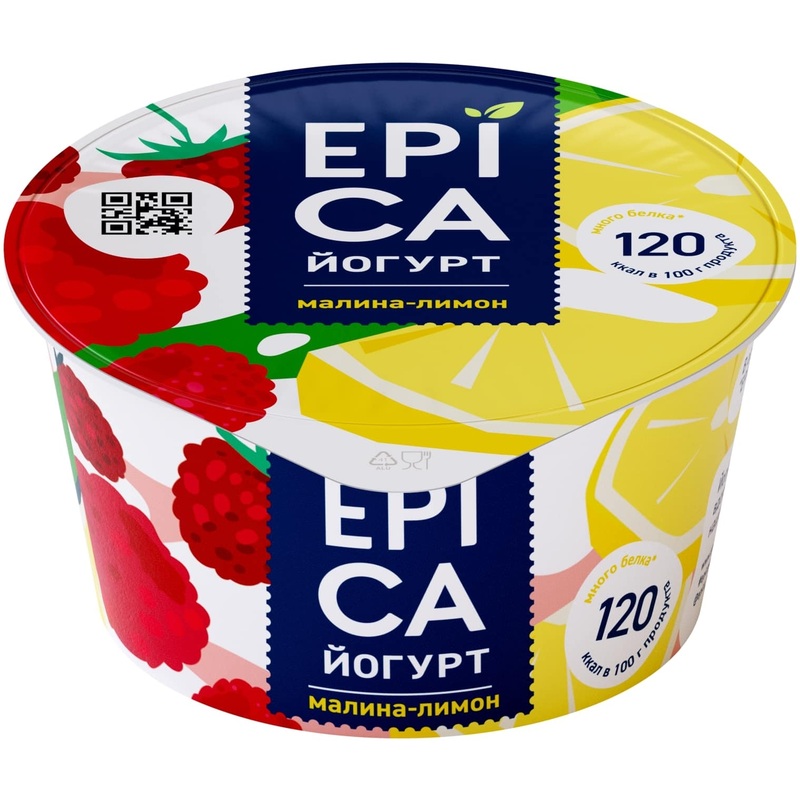 Изображение товара Йогурт Epica с малиной и лимоном 130 г густой вкус свежие натуральные ингредиенты