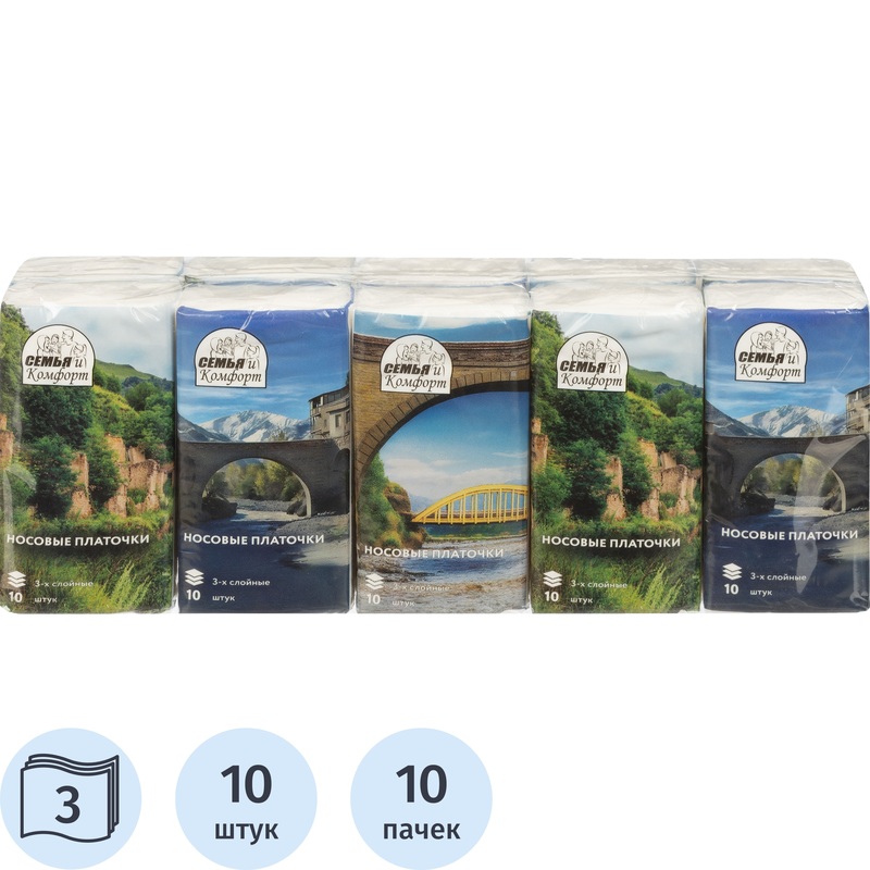 Изображение товара Ноcовые платочки Семья и Комфорт 3-слойные 10 пачек по 10 платков