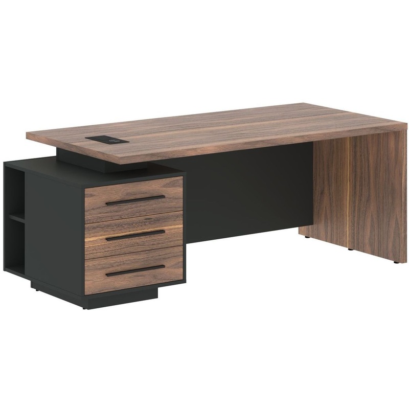 Изображение товара Стол руководителя VRCT 2090(L) прямой с тумбой американский орех яшма чёрная 2000х900х750 мм