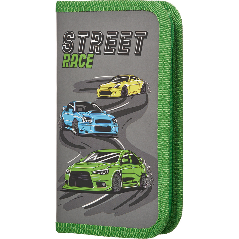 Изображение товара Односекционный пенал Комус Класс Street race серый для мальчиков 19x11x2.5 см