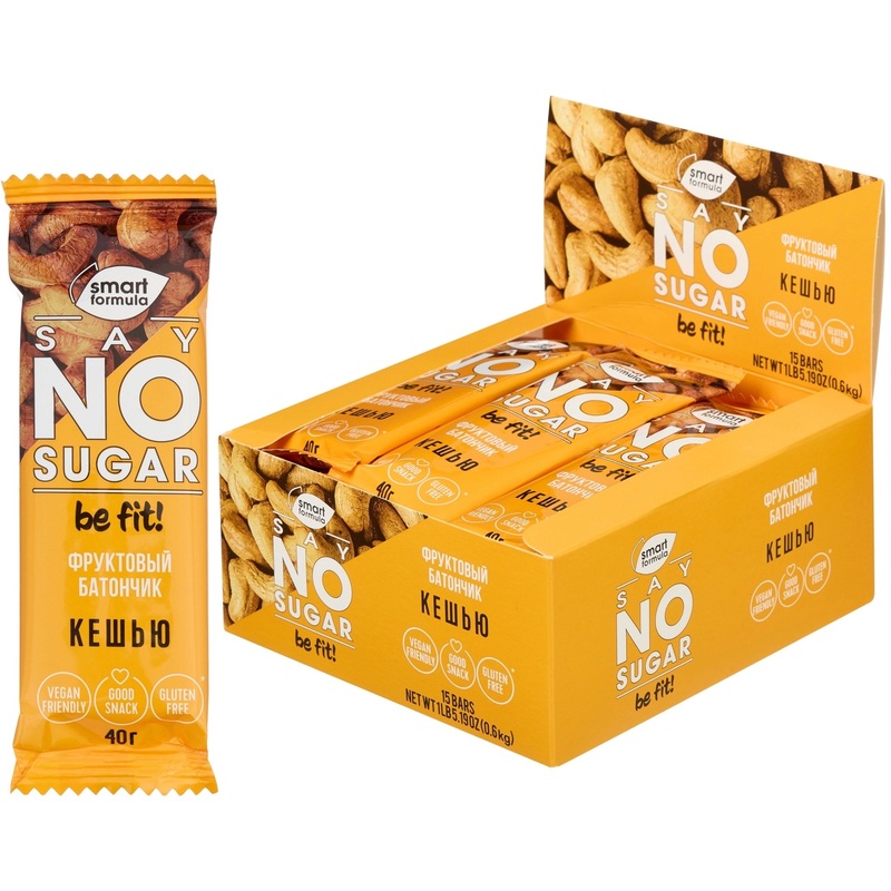 Изображение товара Батончик мюсли Smart Formula Cashew фруктовый 15 шт по 40 г натуральный без сахара