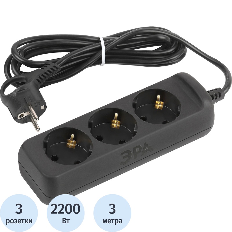 Изображение товара Удлинитель Эра UX-3e-3m-B 3 розетки 3 м с заземлением, надежный и безопасный
