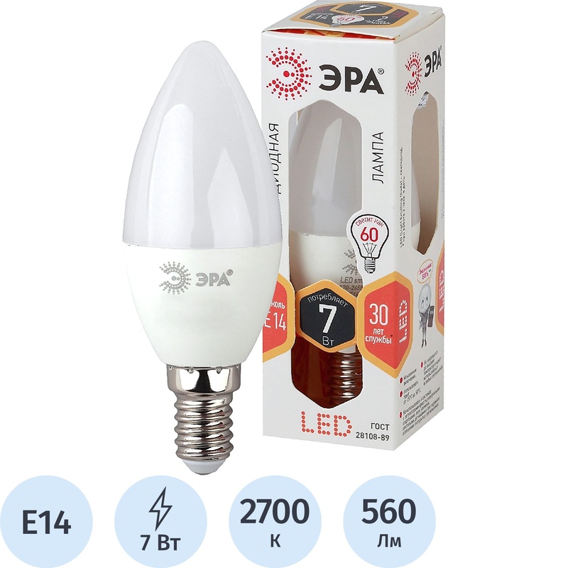 Изображение товара Светодиодная лампа Эра LED B35-7W-827-E14 7 Вт теплый белый 560 Лм