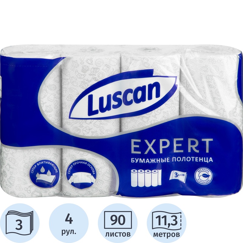 Изображение товара Полотенца бумажные Luscan Expert 3-слойные белые 4 рулона 11.25 метров