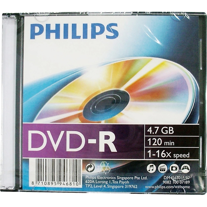 Изображение товара Диск DVD-R Philips 4.7 ГБ 16x slim DM4S6S01F/97 оптический носитель