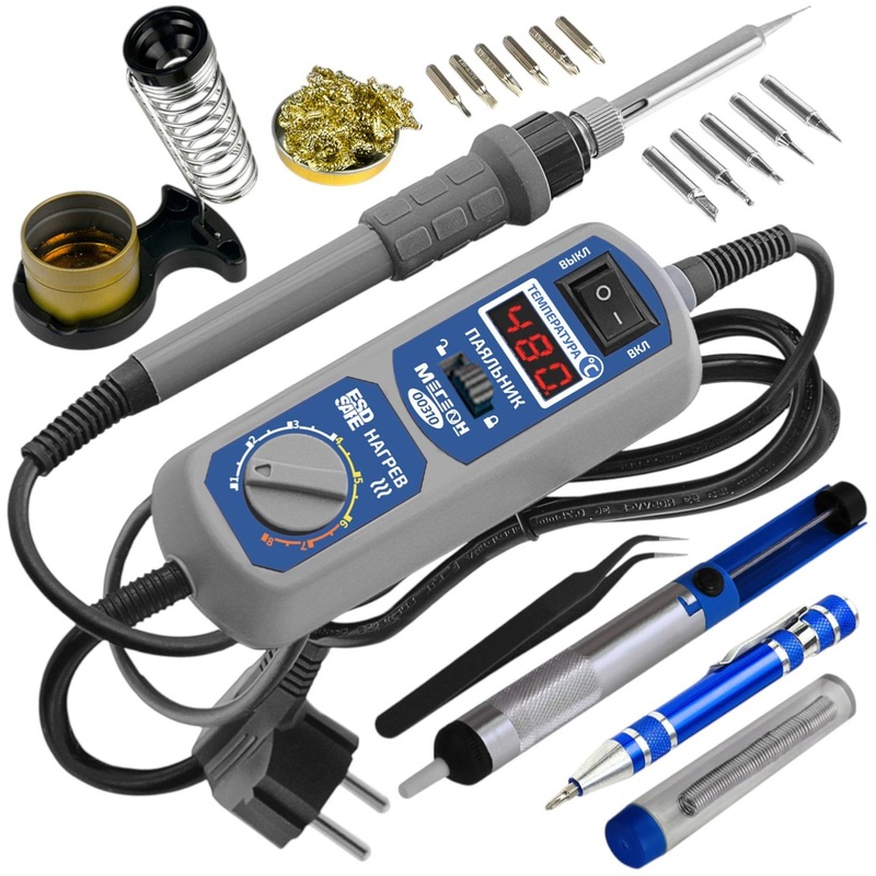 Изображение товара Набор для пайки Мегеон 00310 с цифровым управлением и большим комплектом аксессуаров