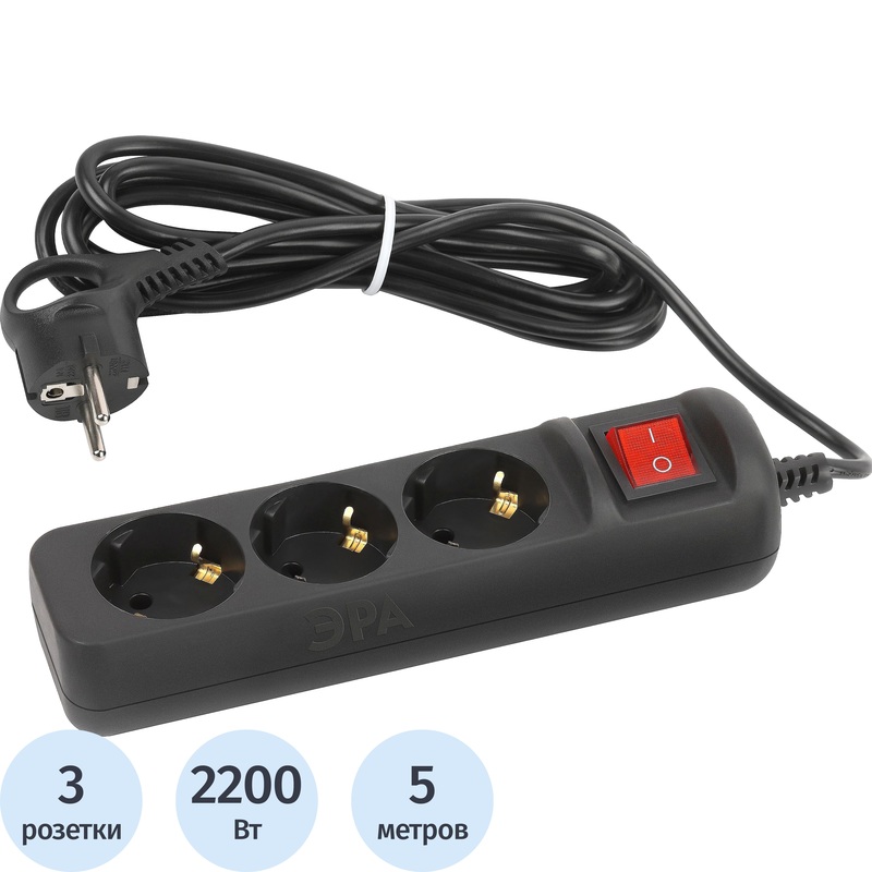 Изображение товара Удлинитель Эра UX-3es-5m-B 3 розетки 5 м с заземлением и выключателем