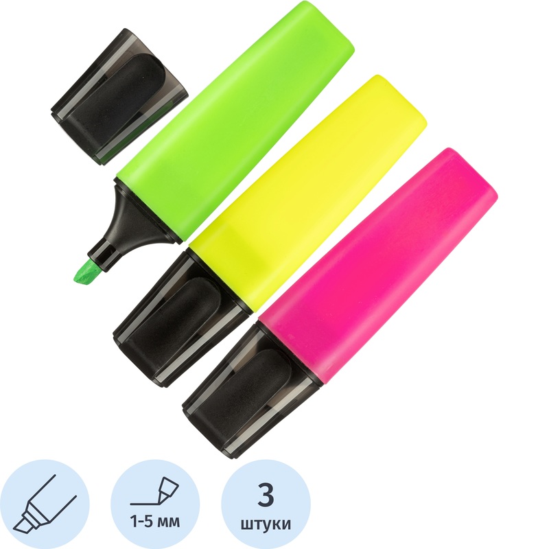 Изображение товара Текстовыделитель набор из 3 цветов с скошенным наконечником водные чернила Россия