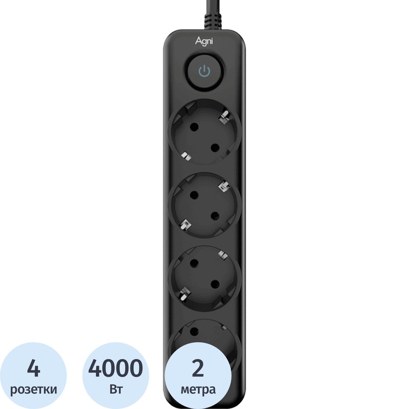 Изображение товара Сетевой фильтр AGNI TP-FD4E-2m-black с 4 розетками и защитой