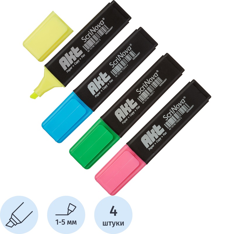 Изображение товара Набор текстовыделителей ScriNova Akt 4 цвета водная основа 1-5 мм