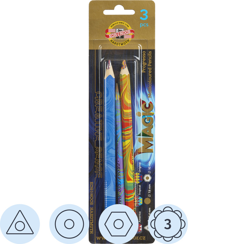 Изображение товара Карандаши цветные Koh-i-Noor Magic 3 карандаша 3 цвета шестигранный/трёхгранный/круглый (утолщённые)