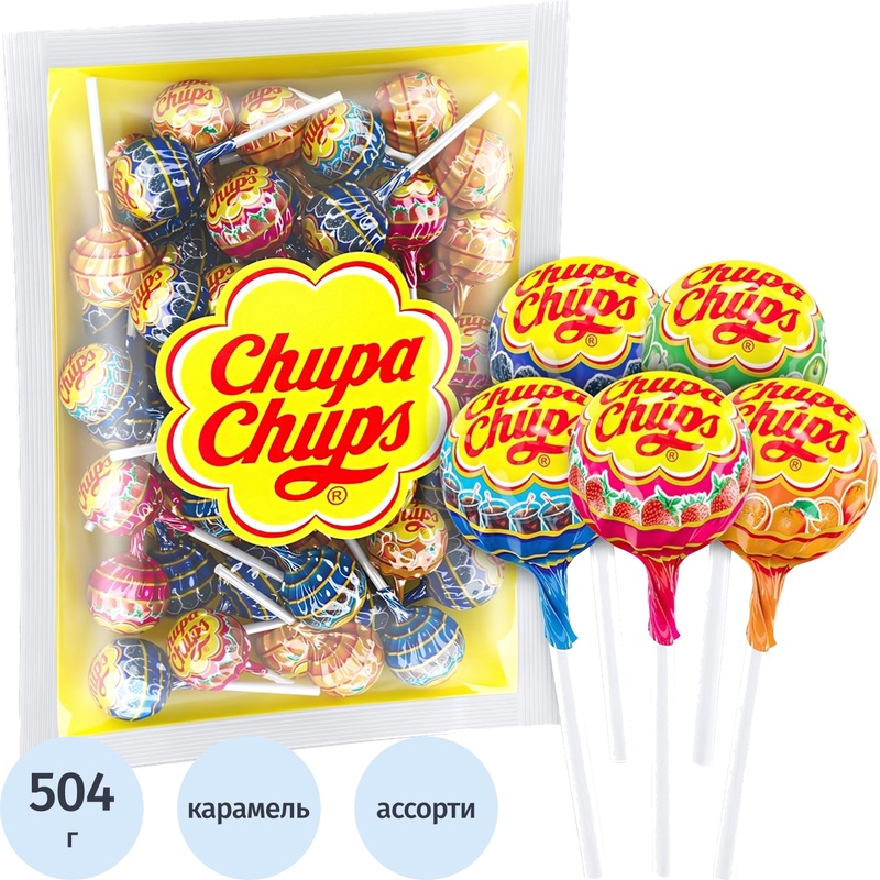 Изображение товара Ассорти карамели Chupa Chups 504 г - фруктовые и кола вкусы, 42 шт