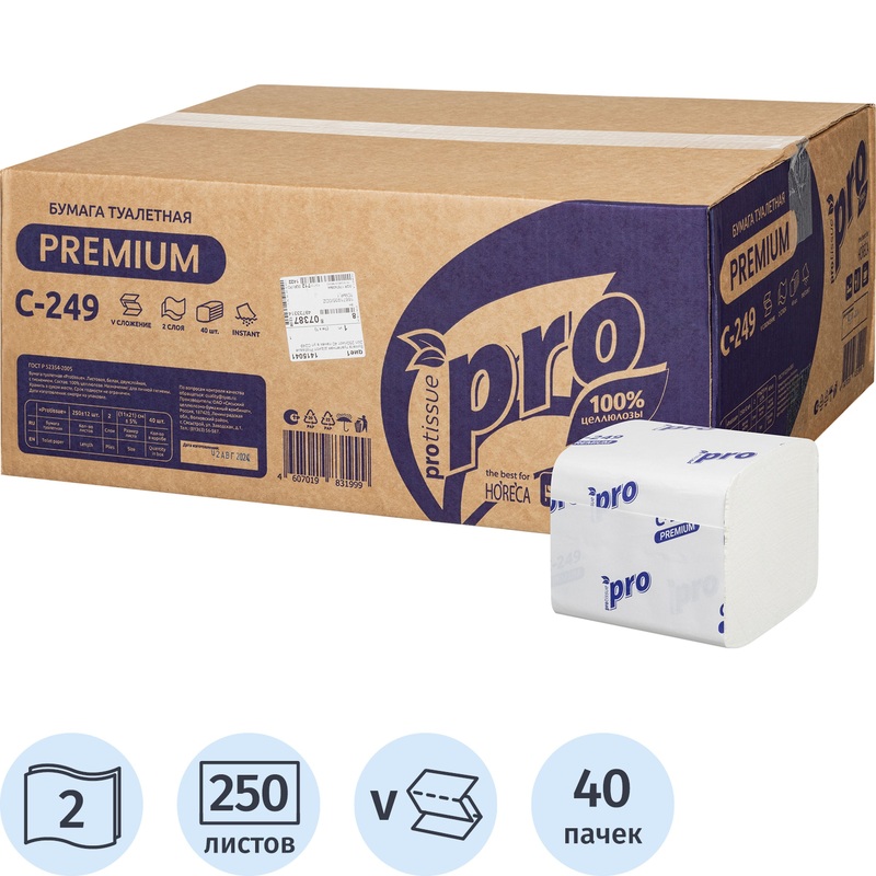 Изображение товара Бумага туалетная листовая Protissue T3 2-слойная белая 40 пачек по 250 листов