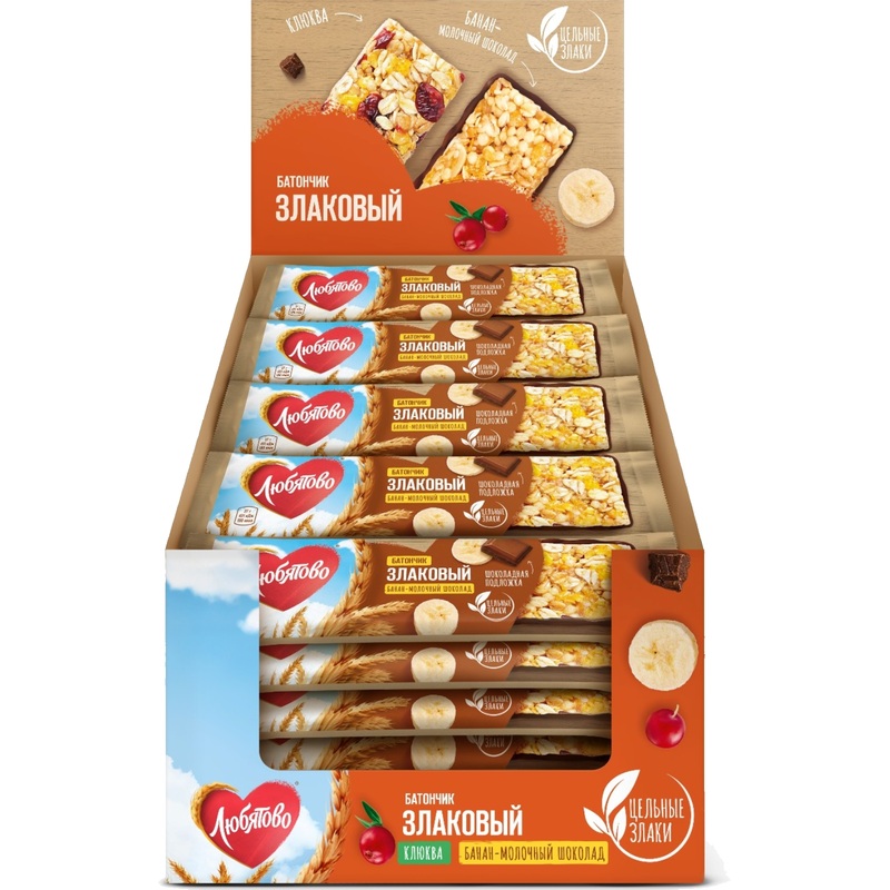 Изображение товара Злаковый батончик Любятово банан-молочный шоколад 675г Россия
