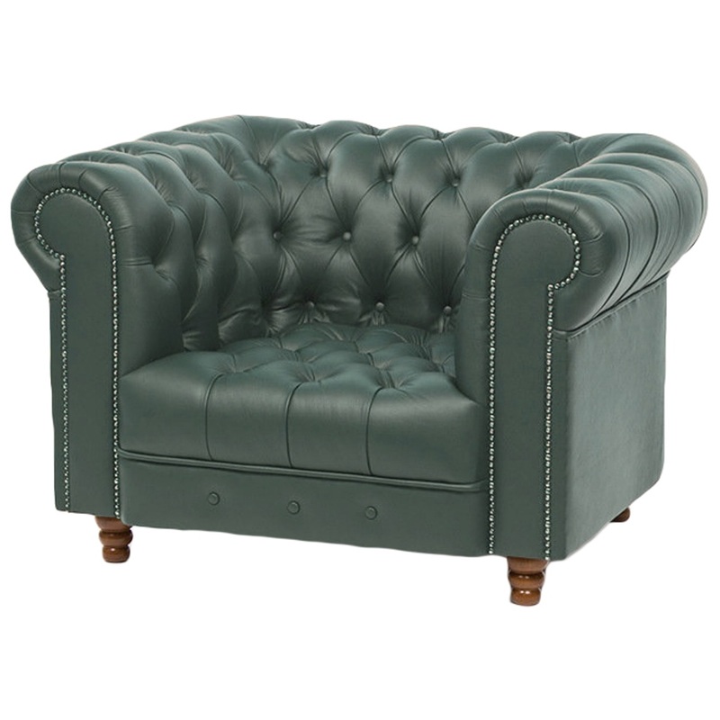 Изображение товара Кресло Chester зеленое из натуральной кожи с компаньоном