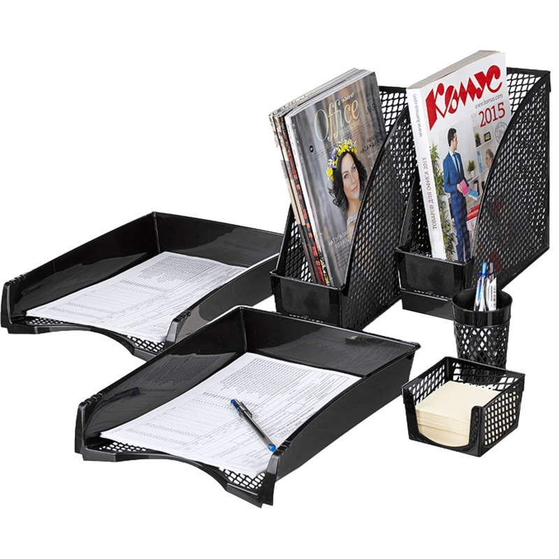 Изображение товара Лоток вертикальный для бумаг 110 мм Attache пластиковый черный 6 предметов (2 лотка горизонтальных, 2 лотка вертикальных, подставки для ручек и стикеров)